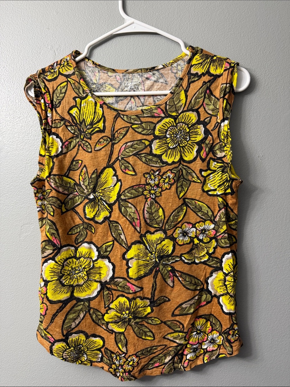 LOFT Mustard Yellow Floral Sleeveless linen Tank XS